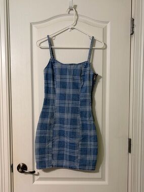 H&M Blue and White Plaid Spaghetti Strap Mini Dress